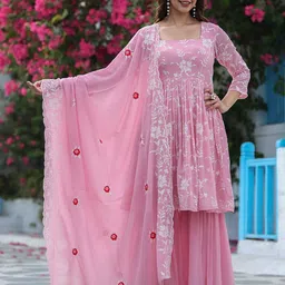 TextileNow Floral Embroidered Thread Work A-Line Kurta With Sharara & Dupatta-picture-26