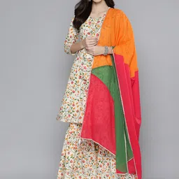 MALHAAR Floral Printed Gotta Patti Pure Cotton Kurta with Sharara & With Dupatta-picture-27