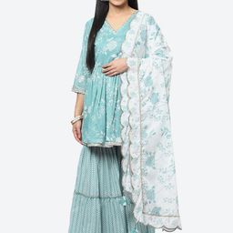Biba Floral Printed Pleated Sequinned Voile Kurti with Sharara & With Dupatta-image-27
