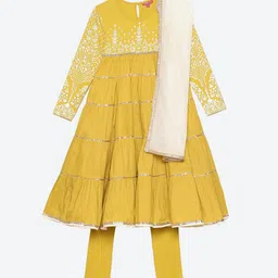 Biba Girls Yellow & White Tiered Kurta with Leggings & Dupatta-picture-16