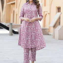 KALINI Shirt Collar Floral Printed Pure Cotton A Line Kurta with Trouser-17