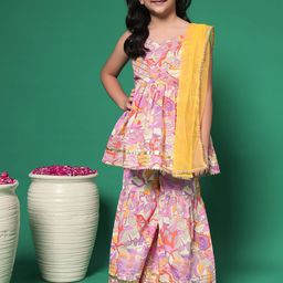 Readiprint Fashions Girls Floral Printed Pleated Gotta Patti Pure Cotton Kurti with Sharara & With Dupatta-image-17