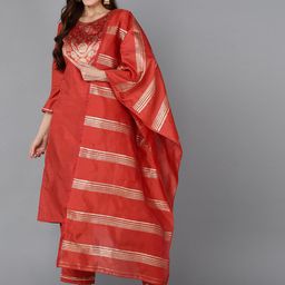 AHIKA Floral Yoke Design Zari Detail Kurta with Trousers & Dupatta-13