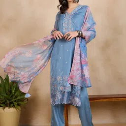 Anouk Floral Embroidered Yoke Design Organza Kurta With Trousers & Dupatta-image-86