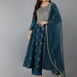 KALINI Floral Embroidered Empire Sequinned Kurta with Palazzos & Dupatta-6
