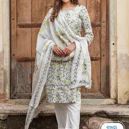 KALINI Floral Printed Thread Work Pure Cotton Kurta With Trousers & Dupatta-6
