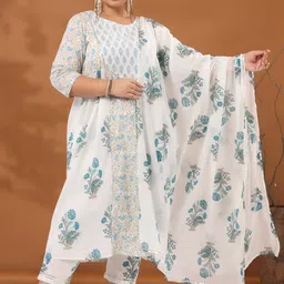 Jaipur Kurti White Colour Floral Printed Pure Cotton Kurta & Trousers With Dupatta-13