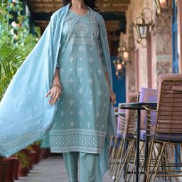 Varanga Floral Yoke Design Regular Mirror Work Pure Cotton Kurta with Trouser & Dupatta-picture-0