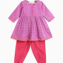 Campana Girls Ethnic Block Printed Pleated Anarkali Pure Cotton Kurti with Dhoti Pants-image-51