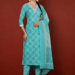 GULMOHAR JAIPUR Women Ethnic Motifs Printed Regular Thread Work Pure Cotton Kurta with Trousers & With-18