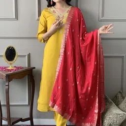 S.K.C Women Ethnic Motifs Embroidered Regular Chanderi Cotton Kurti with Trousers & With Dupatta-4