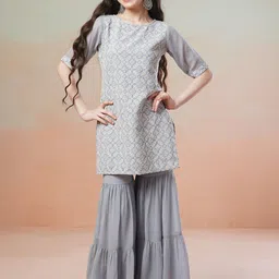 Inddus Girls Floral Embroidered Round Neck Thread Work Kurta with Sharara-picture-21