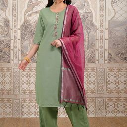 Vishudh Green Embroidered Thread Work Kurta with Trouser & Dupatta-picture-39