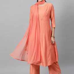 indo street Sequined Panelled A-Line Pure Cotton Kurta with Palazzos & Dupatta-11
