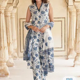 KALINI Floral Printed V-Neck Pure Cotton Straight Kurta & Trousers With Dupatta-21