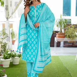 KALINI Floral Printed Lace Detail Pure Cotton Kurta with Trousers & Dupatta-56