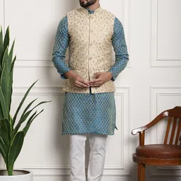 SOJANYA Woven Design Mandarin Collar Kurta with Churidar & Nehru Jacket-image-61