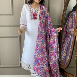 KALINI Women Floral Embroidered Regular Chanderi Silk Kurta with Trousers & With Dupatta-18