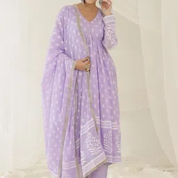PINK CACTII Floral Printed Regular Pure Cotton Kurta with Trousers & Dupatta-50