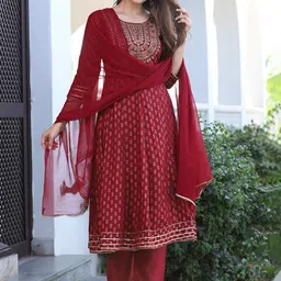 SINGNI Ethnic Motifs Printed Regular Sequinned Anarkali Kurta with Trousers & With Dupatta-27