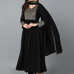 AHIKA Black Floral Yoke Design Empire Sequinned Kurta & Trousers With Dupatta-image-30