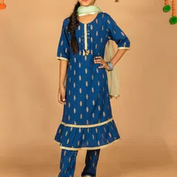 HERE&NOW Girls Blue & Gold-Toned Floral Printed Gotta Patti Kurta with Trousers & Dupatta-picture-56