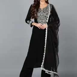 KALINI Floral Yoke Design Thread Work Kurta With Trousers & Dupatta-29