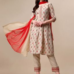 KALINI Women Ikat Print A-line Style Kurta with Trousers & Ombre Dupatta Set-image-82