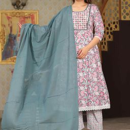 SINGNI Round Neck Ethnic Printed Mirror Work Cotton Anarkali Kurta with Trouser & Dupatta-43