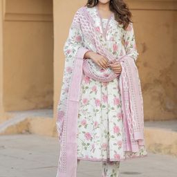 KALINI V Neck Floral Printed Cotton Anarkali Kurta with Trouser & Dupatta-picture-20