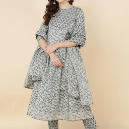 MALHAAR Floral Printed Mirror Work Pure Cotton Kurta with Trousers & With Dupatta-6