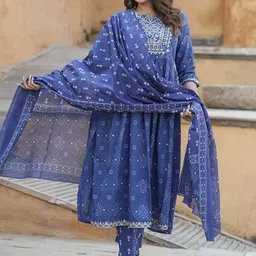 KALINI Bandhani Embroidered Round Neck Thread Work Pure Cotton Kurta Trousers & Dupatta-45