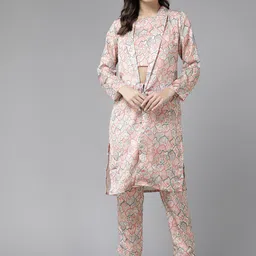 Aarika Floral Printed Shoulder Straps Crop Top With Trousers & Shrug-11