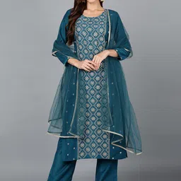 KALINI Ethnic Motifs Sequinned Embroidered Straight Kurta With Trousers & Dupatta-46