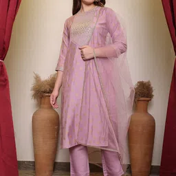 House of Pataudi Ethnic Motifs Embroidered Straight Kurta With Trouser & Dupatta-42
