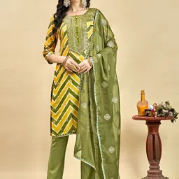 Anouk Chevron Printed Gotta Patti Pure Cotton Straight Kurta with Trousers & Dupatta-15