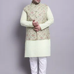 SOJANYA PLUS Ethnic Embroidered Straight Pure Cotton Kurta & Pyjamas With Nehru Jacket-58
