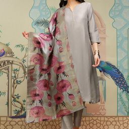 Ishin Grey Regular Silk Crepe A Line Kurta With Trousers & With Dupatta-picture-42