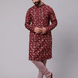 AKS Floral Printed Mandarin Collar Regular Pure Cotton Kurta with Churidar-picture-10