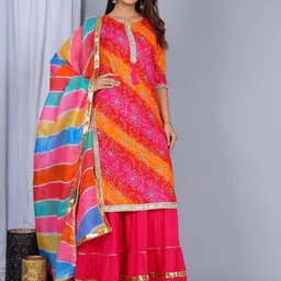 ELVISH JAIPUR Women Bandhani Printed Regular Gotta Patti Kurta with Skirt & With Dupatta-39