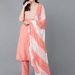 AHIKA Women Pink Embroidered High Slit Kurti with Trousers & With Dupatta-image-5
