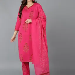 AHIKA Floral Printed V Neck Pure Cotton Kurta With Trousers & Dupatta-image-63