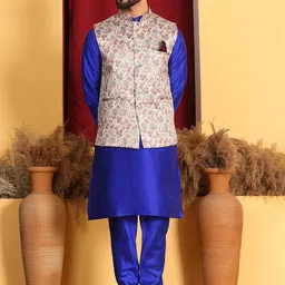 Armaan Ethnic Mandarin Collar Straight Kurta & Churidar With Nehru Jacket-image-95