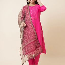 Globus Pink & Green Straight Kurta with Trousers & Dupatta-45