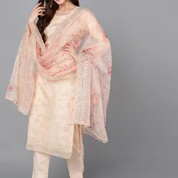 AHIKA Peach-Coloured & Gold Floral Embroidered Kurta With Trousers & Dupatta-picture-2