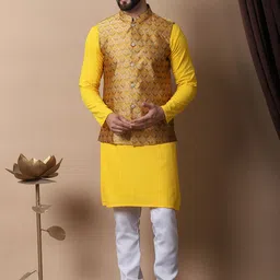 Anouk Mustard Yellow Floral Embroidered Pure Cotton Kurta with Churidar & Nehru Jacket-picture-12