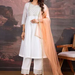 House of Pataudi Floral Yoke Design Sequinned A-Line Kurta & Trousers With Dupatta-13