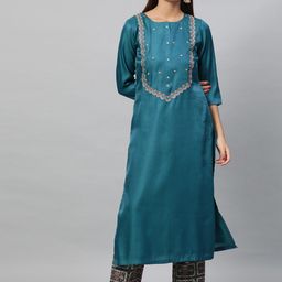indo street Women Yoke Design Embroidered Satin Kurta with Trousers-image-50