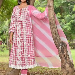 Zolo Label Geometric Printed Thread Work Pure Cotton Kurta With Palazzos & Dupatta-13