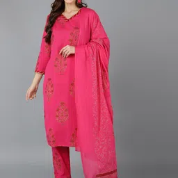 KALINI Floral Printed V-Neck Pure Cotton Kurta with Trousers & Dupatta-picture-26